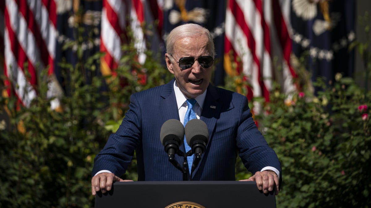 US President Joe Biden speaks during an event in the Rose Garden of the White House