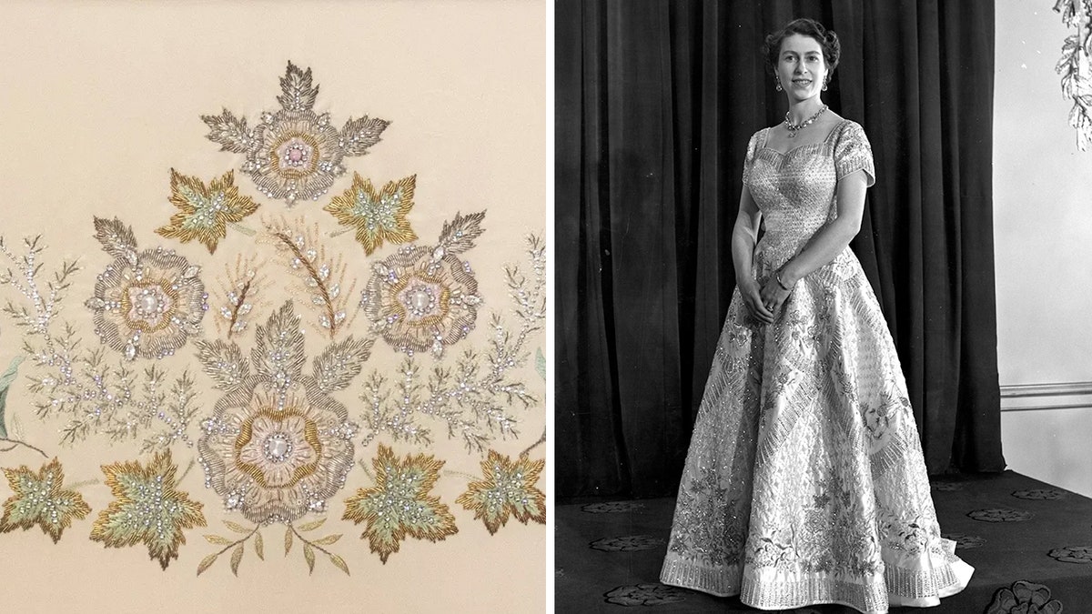 Embroidery on queen elizabeth wedding clearance dress