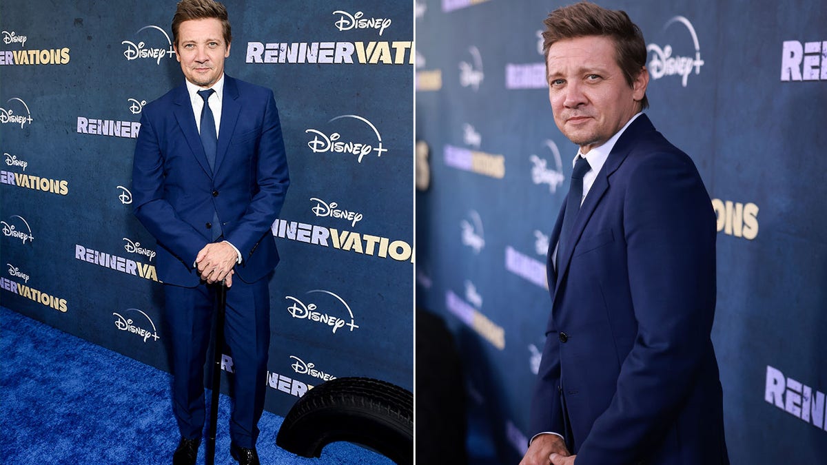 Jeremy Renner wears a blue suit and uses a cane at the premiere of "Renervations."