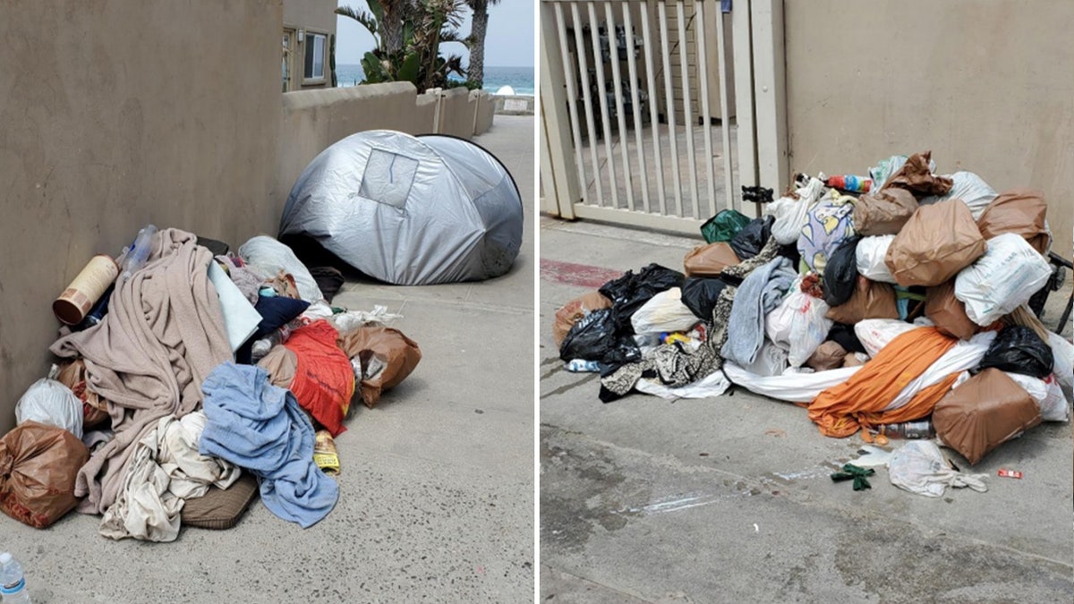 Side by side images of trash from a homeless encampment with the Pacific Ocean visible in the background