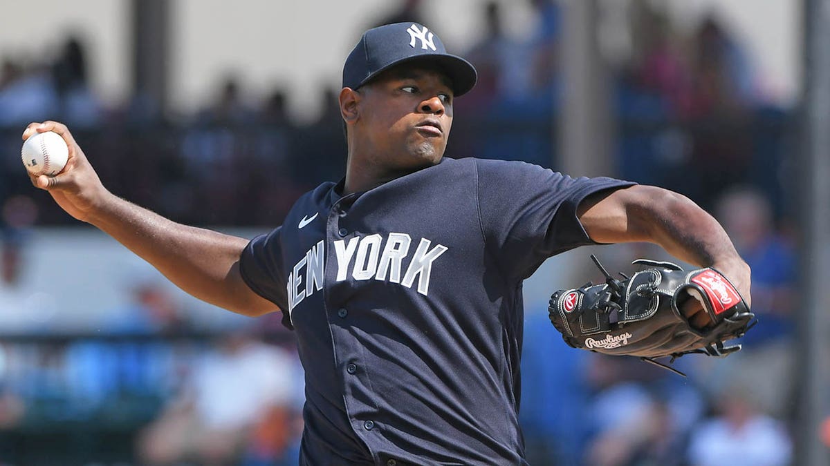 New York Yankees pitcher Luis Severino speaks to reporters before Game 2 of  an American League