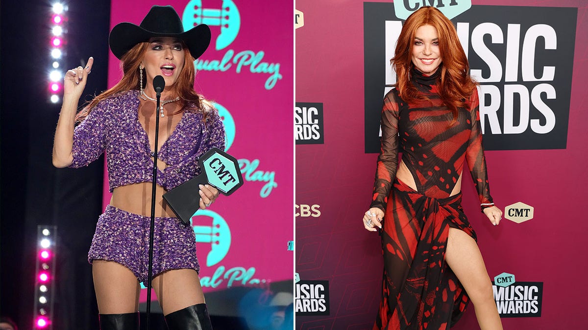 A split image of Shania Twain at during the show and on the red carpet of the CMT Music Awards.