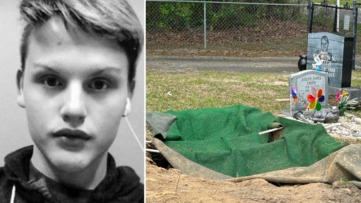 Stephen Smith black and white portrait next to a photo of his empty grave.