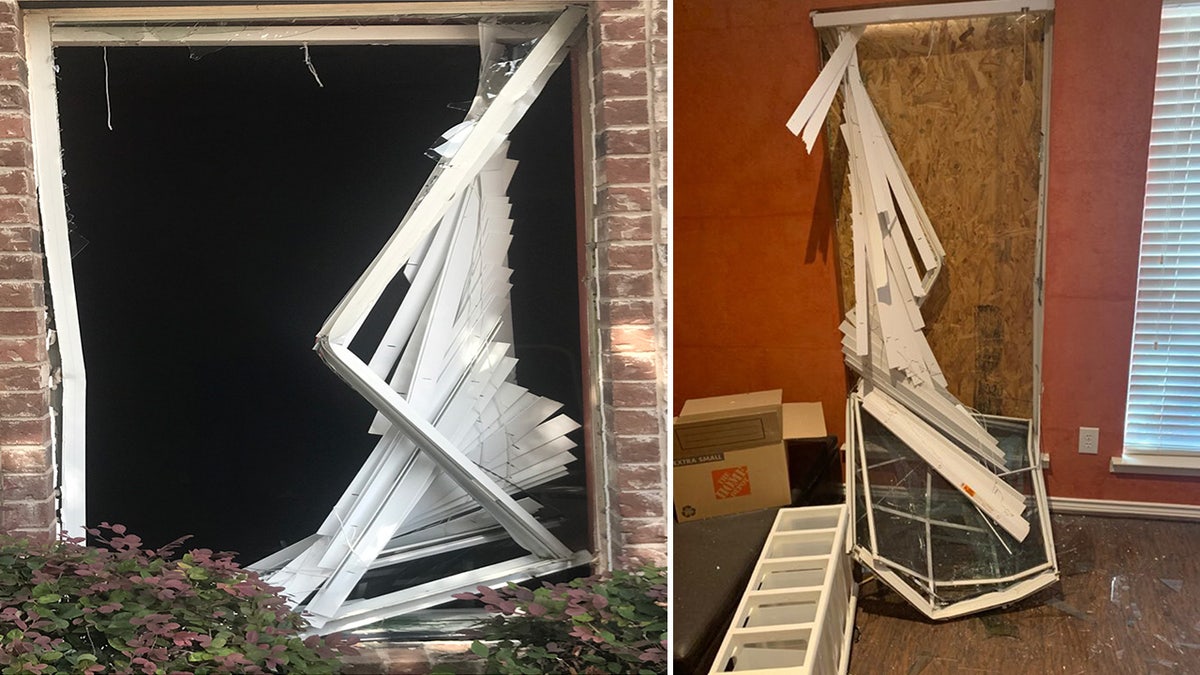 One photo shows damage to a window on Vicki Baker's house, the other shows damage inside after SWAT tried to apprehend a suspect