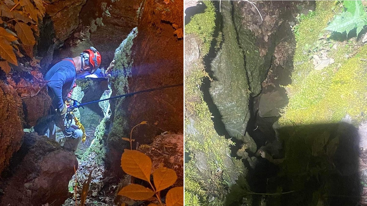 volunteer firefighter rappelling down into cave