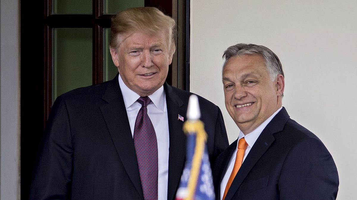 Donald Trump and Viktor Orban smile and shake hands behind an American flag