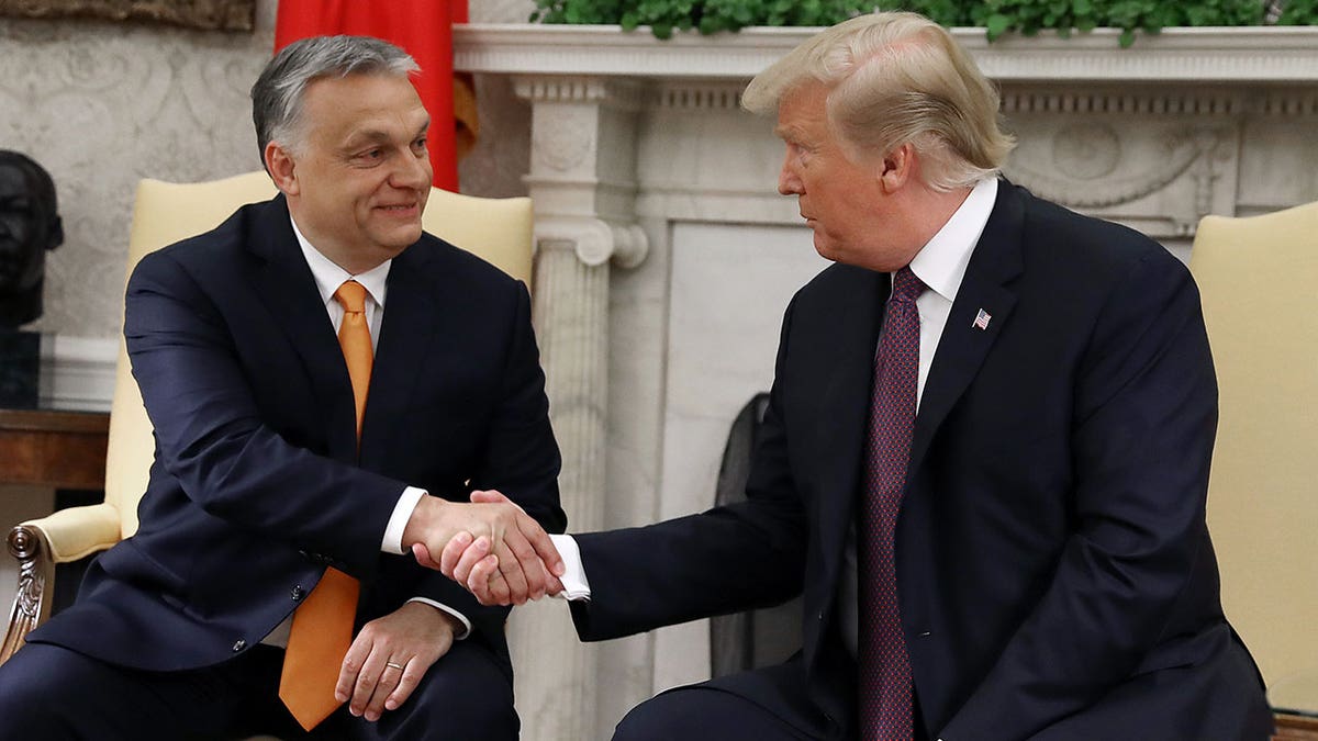 Donald Trump and Viktor Orban shake hands in the Oval Office 