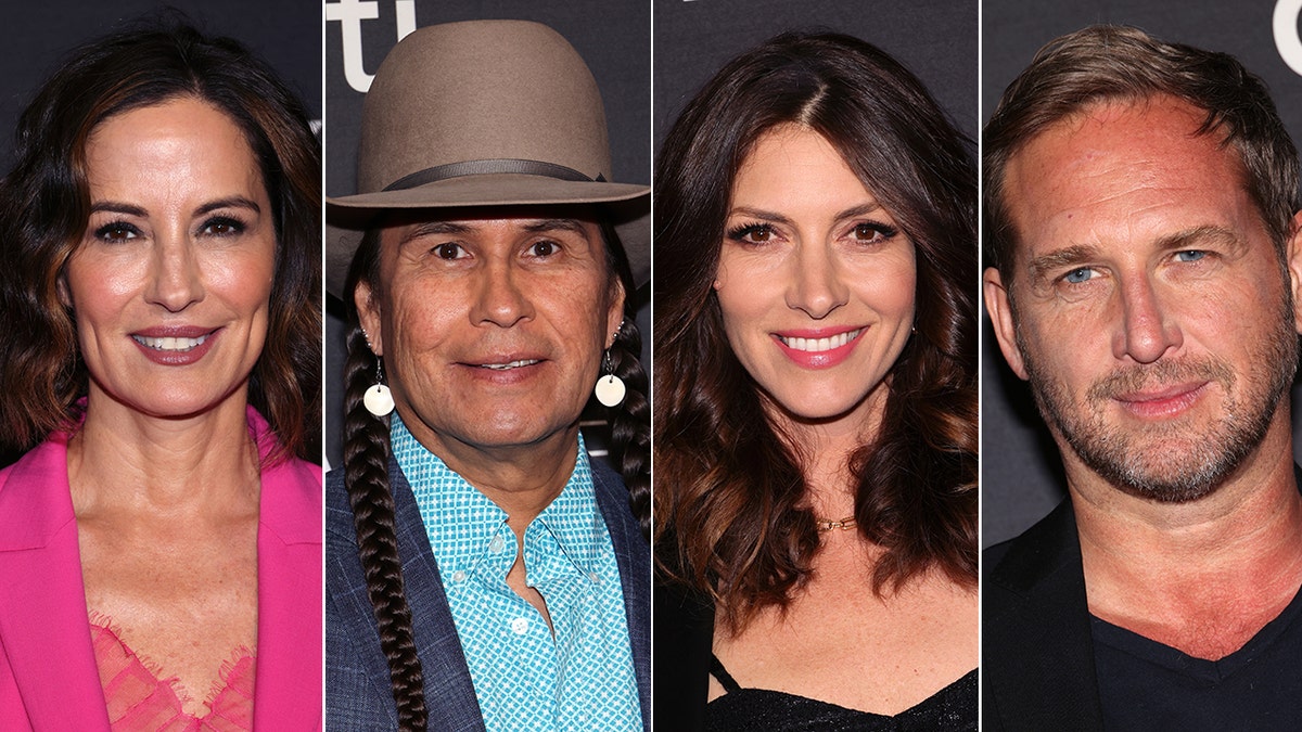 Wendy Moniz in a hot pink blazer and lacy tank top split Mo Bring Plenty in a blue plaid jacket wearing a bright turquoise shirt, a large brown hat and drop earrings split Dawn Olivieri in a black outfit split Josh Lucas in a black shirt and suit at the PaleyFest red carpet in Los Angeles