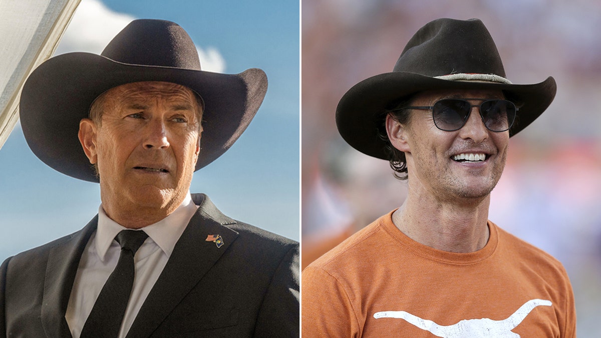 Kevin Costner as John Dutton in a "Yellowstone" picture wearing a cowboy hat and dark suit with a white button down and matching dark tie split Matthew McConaughey wearing a brown cowboy hat and an orange Texas Longhorns shirt