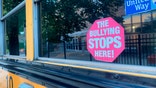 The Bullying Stops Here sign on School Bus, Queens, New York. (Photo by: Lindsey Nicholson/UCG/Universal Images Group via Getty Images)