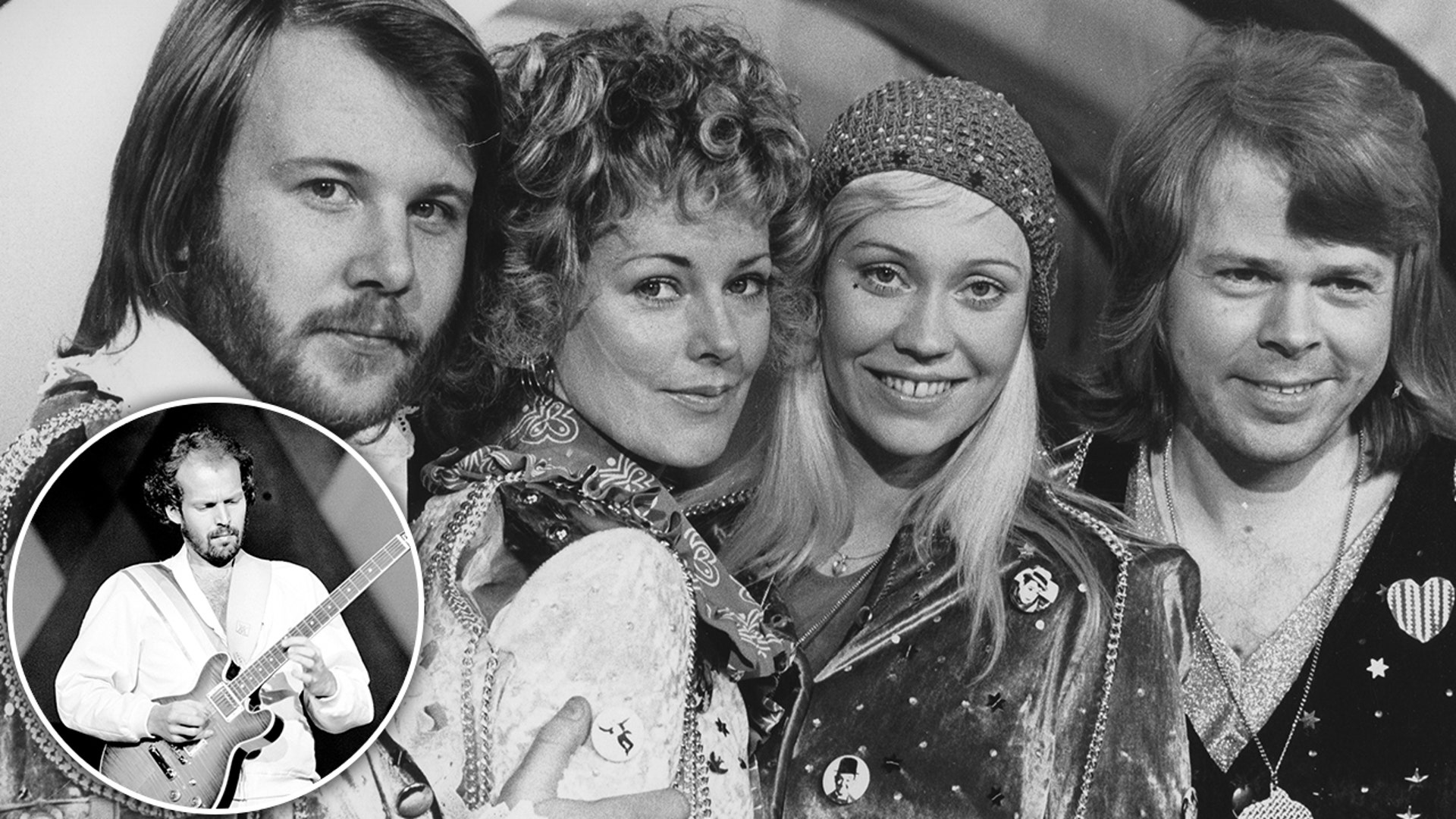 Black and white photo of ABBA members from (L-R) Benny Andersson, Anni-Frid Lyngstad, Agnetha Fältskog and Björn Ulvaeus inset a black and white photo of Lasse Wellander playing guitar