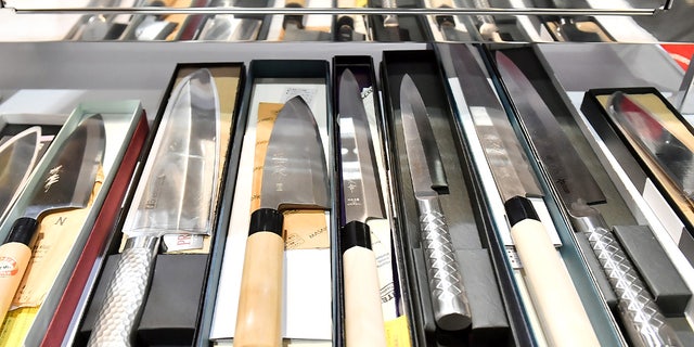 Kitchen knives on display at the 2023 Bar & Restaurant Expo and World Tea Expo at the Las Vegas Convention Center on March 28, 2023, in Las Vegas, Nevada.