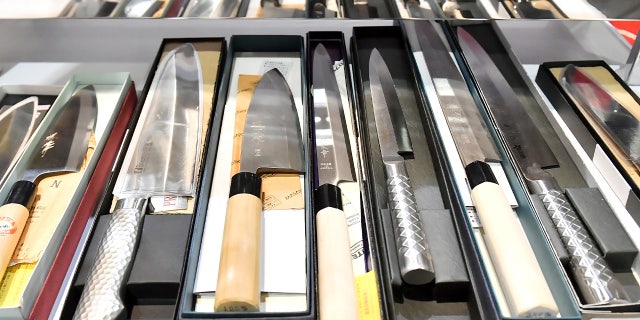 Kitchen knives on display at the 2023 Bar & Restaurant Expo and World Tea Expo at the Las Vegas Convention Center on March 28, 2023, in Las Vegas, Nevada.