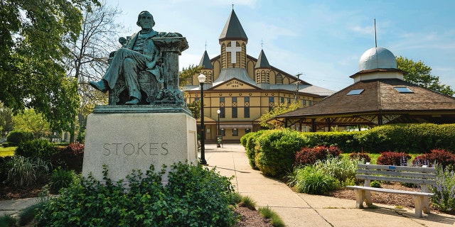 A statue of Ocean Grove Camp Meeting Association founder Ellwood H. Stokes, in front of the Great Auditorium in Ocean Grove, New Jersey.