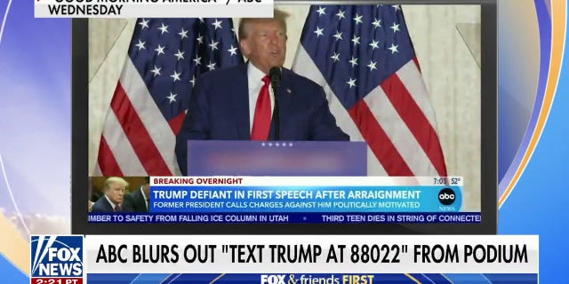 ABC's 'Good Morning America' blurs out Trump campaign message during former president's speech.