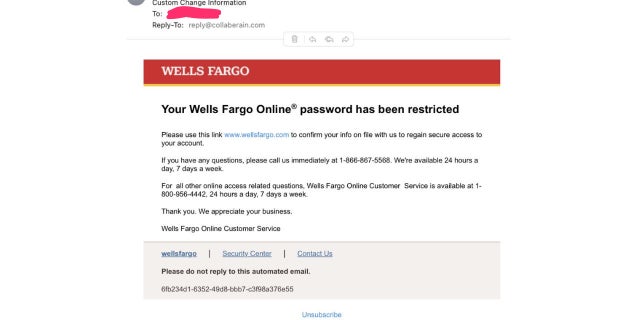 Fake Wells Fargo Email