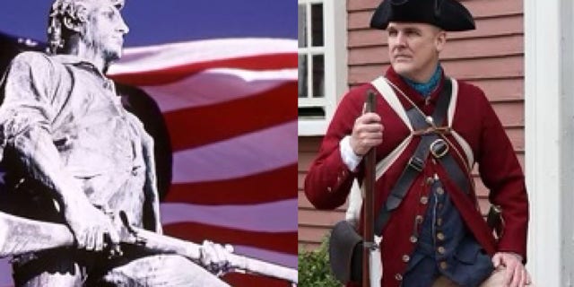 The Lexington Minuteman Statue superimposed against an American flag in a blue sky, Lexington Common, Massachusetts. James Lee (at right) portrays Capt. John Parker during the annual reenactment on Lexington Common.
