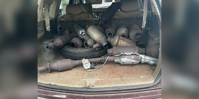 A trunk filled with stolen catalytic converters in Massachusetts from the seven men who allegedly stole over 470 catalytic converters in New England in 2022 and 2023. 