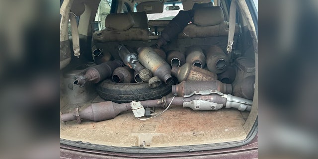 A trunk filled with stolen catalytic converters in Massachusetts from the seven men who allegedly stole over 470 catalytic converters in New England in 2022 and 2023.