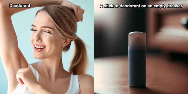 Woman smiles next to a photo of a deodorant stick