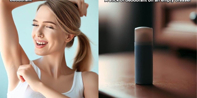 Woman smiles next to a photo of a deodorant stick