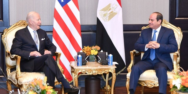 U.S. President Joe Biden meets with Egyptian President Abdel Fattah el-Sisi, in Sharm el-Sheikh, Egypt, Nov. 11, 2022. 