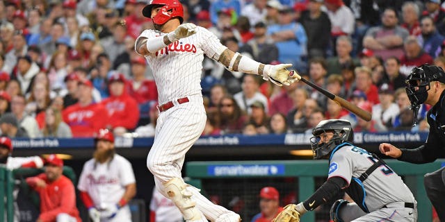 Philadelphia Phillies right fielder Nick Castellanos watches his RBI double against the Miami Marlins during the third inning at Citizens Bank Park.