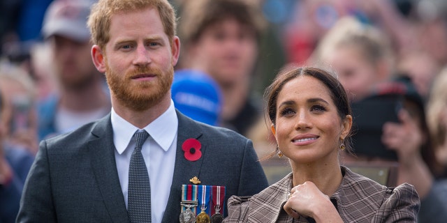 Meghan Markle wearing a brown dress looking up while standing next to Prince Harry wearing a suit and his medals