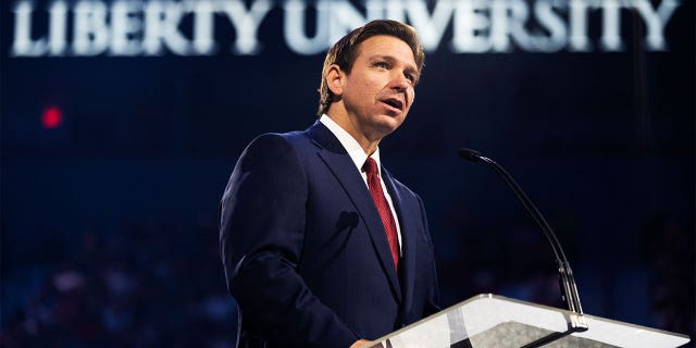 Florida Gov. Ron DeSantis (R) speaks during a convocation at Liberty University's Vines Center in Lynchburg, Va., on Friday, April 14, 2023. (Tom Williams/CQ-Roll Call, Inc via Getty Images)