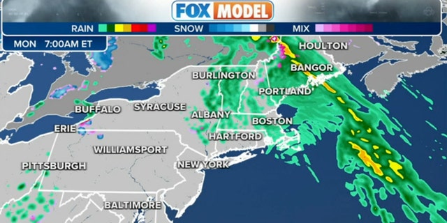 Fox Weather map showing rain in the north eastern US