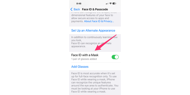 Here's the Face ID setting if you're wearing a mask or glasses.