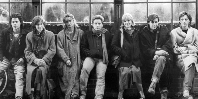 A photo of Brat Pack stars Rob Lowe, Ally Sheedy, Demi Moore, Emilio Estevez, Mare Winningham, Judd Nelson and Andrew McCarthy.