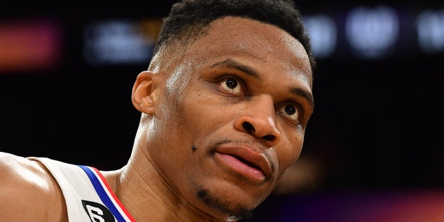Russell Westbrook, #0 of the LA Clippers, is interviewed after winning Round One Game One of the 2023 NBA Playoffs on April 16, 2023 at Footprint Center in Phoenix.