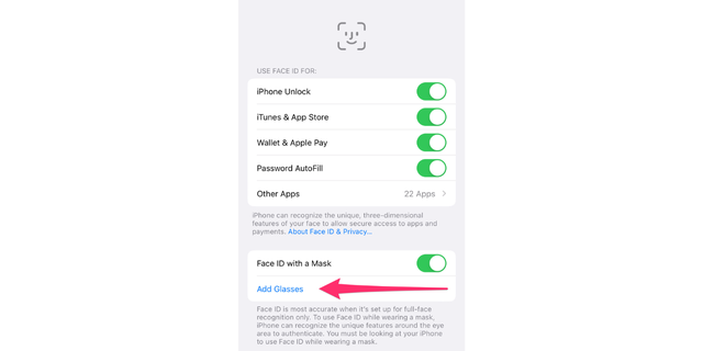 Click "Add Glasses" in Face ID settings.