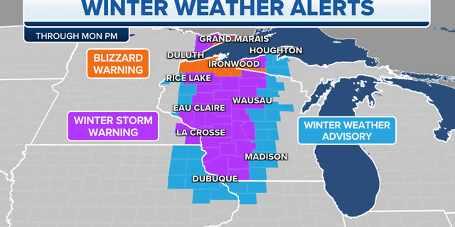 Winter weather alerts that are in effect Monday, April 17 for parts of the Upper Midwest and Great Lakes region.