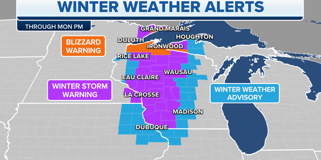 Winter weather alerts that are in effect Monday, April 17 for parts of the Upper Midwest and Great Lakes region.