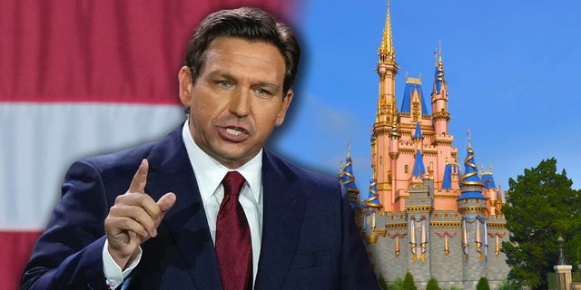 Florida Gov. Ron Desantis gives a speech in front of American flag, while Cinderellas castle at Disney World is superimposed behind his shoulder