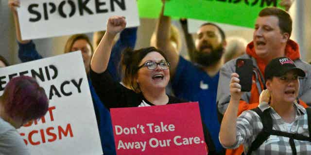 Protesters outside the Kentucky Supreme Court demonstrate in support of abortion rights in Frankfort, Kentucky, November 15, 2022. The Kentucky Legislature did not address the state's abortion ban during the annual session.