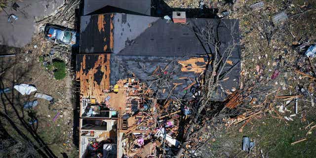 A house is destroyed from a tornado in Covington, Tennessee, on April 1, 2023. Dozens of tornadoes have killed several people in the South and Midwest in the past few weeks.