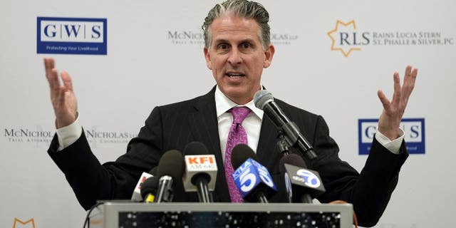 Attorney Matthew McNicholas announces the filing of a lawsuit against the City of Los Angeles and the Los Angeles Police Department, Tuesday, April 4, 2023, in Los Angeles, for wrongly releasing the identities of LAPD undercover officers.