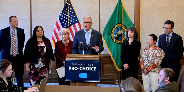 Washington Gov. Jay Inslee speaks during a press conference, Tuesday, April 4, 2023, at the state Capitol in Olympia, Wash. 
