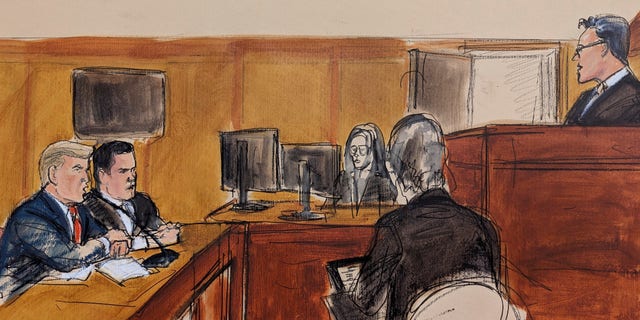 Trump defies judge with new round of stinging attacks on prosecutors 1 Judge Juan Merchan, far right, addresses former President Donald Trump, far left, regarding his rights and requirements, Tuesday, April 4, 2023, in a Manhattan courtroom in New York. Defense attorney Joseph Tacopina, center, looked on.