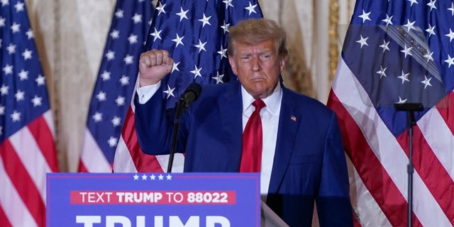 Former President Donald Trump speaks at his Mar-a-Lago estate Tuesday, April 4, 2023, in Palm Beach, Fla., after being arraigned earlier in the day in New York City. 