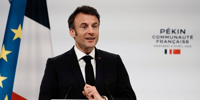 French President Emmanuel Macron meets the French community, in Beijing. Macron recently said he wanted France to establish more autonomy rather than following the U.S. or China on world issues.