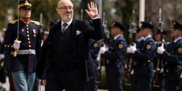 Oleksii Reznikov, Minister of Defense of Ukraine, is shown before his meeting with his Greek counterpart Nikos Panagiotopoulos, in Athens, Grece, on April 6, 2023.