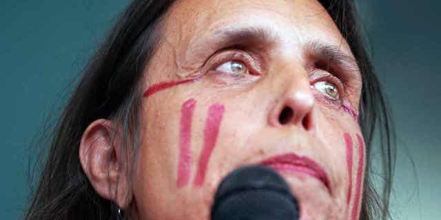 Winona LaDuke speaks out against the Enbridge Energy Line 3 decision on June 28, 2018, in St. Paul, Minnesota. LaDuke has resigned as executive director of the Indigenous-led environmental group Honor the Earth after the organization lost a sexual harassment lawsuit to a former employee.