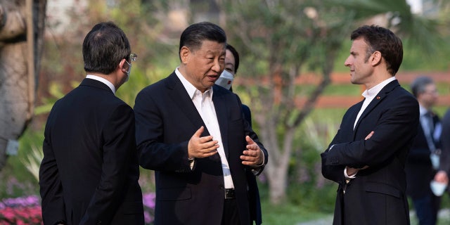 Presidents Xi Jinping and Emmanuel Macron talk in the garden of the Guandong province governor's residence, in Guangzhou, China. Macron said China was concerned about "unity" with Taiwan.