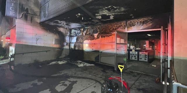 Fire damage at the Southwest Community Police Station after an arson attack in Los Angeles on April 7, 2023.