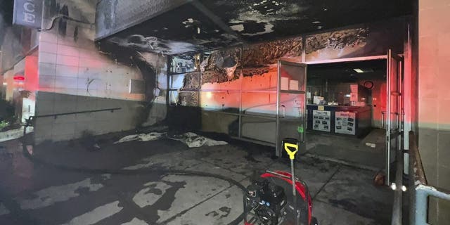 Fire damage at the Southwest Community Police Station after an arson attack in Los Angeles on April 7, 2023.