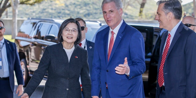 House Speaker Kevin McCarthy welcomes Taiwanese President Tsai Ing-wen as she arrives at the Ronald Reagan Presidential Library in Simi Valley, California.